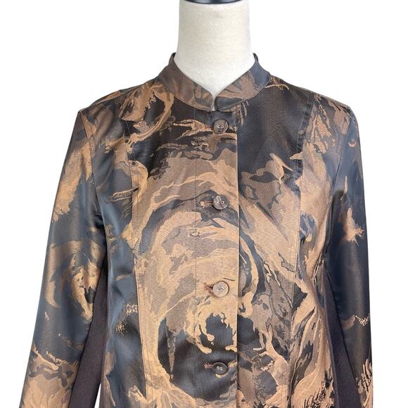 A La Carte Brown Pattern Band Collar Stretch Lightweight Button Up Jacket Pocket - Picture 4 of 12